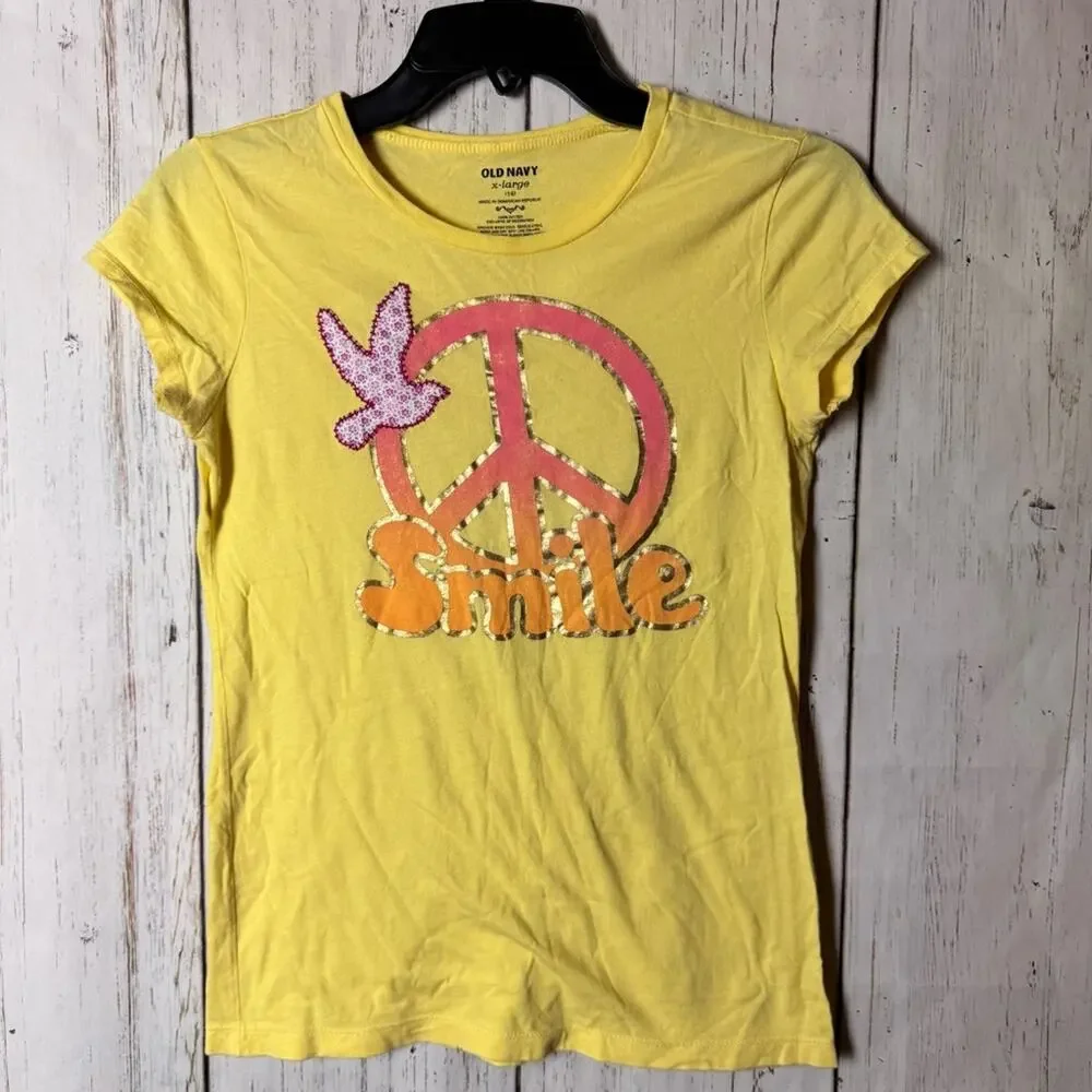 Old Navy Girl's Yellow Tee with Peace and Smile Graphic Sz XL